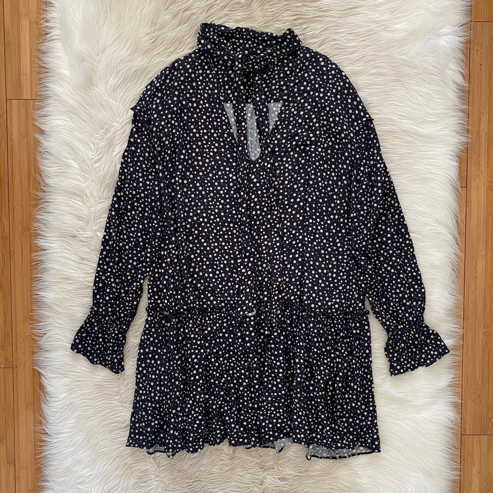 11 Honore Black Tan Scatter Polka Dot Long Sleeve Tie V-Neck Flowy Mini Dress - Picture 2 of 12